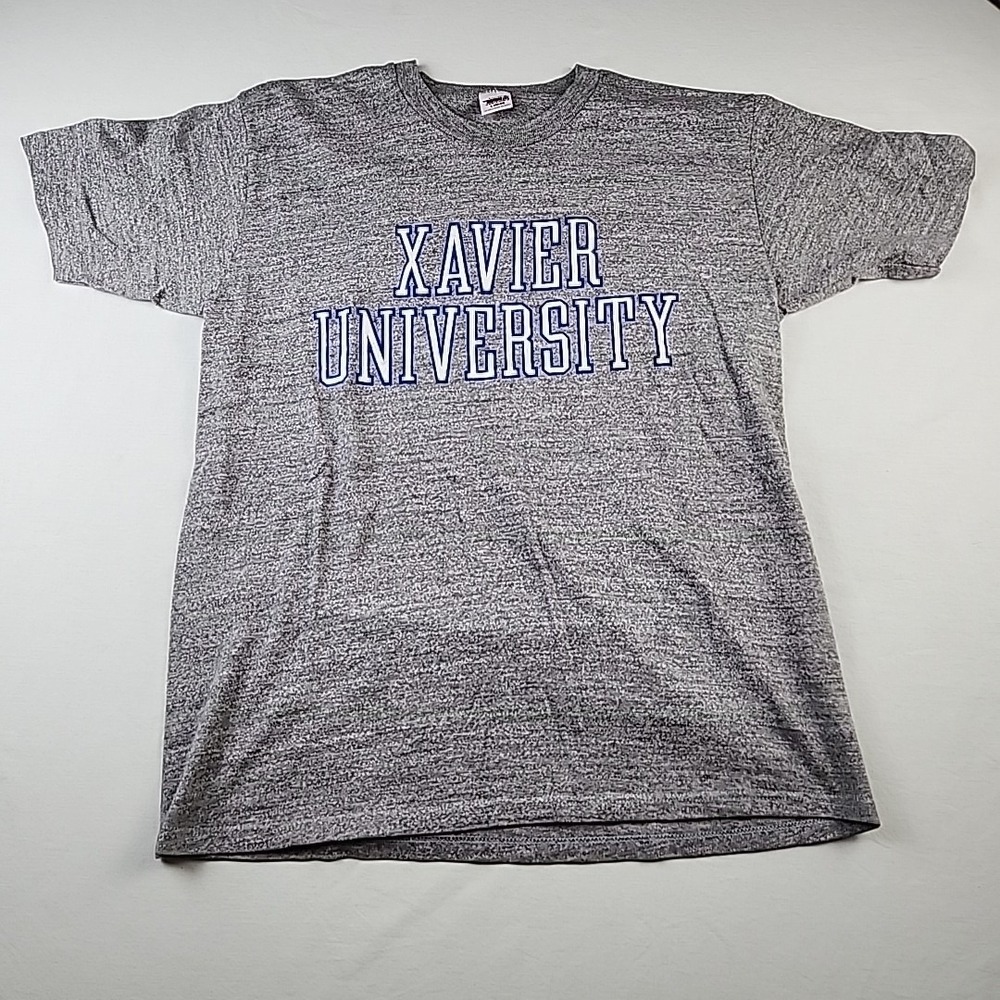 Vintage Xavier University Grey T Shirt Size L Blue Block Print 1990s H Wolf Sons